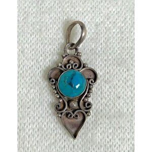Sterling Silver Necklace with Vintage Turquoise Pendant - Scrolls & Heart - 18"